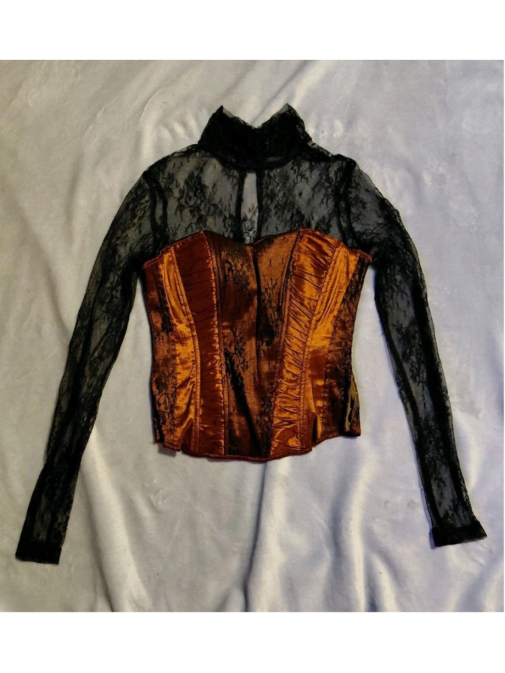 Lydia Black Lace Longsleeve & Bronze Orange Satin Lace Up Corset Top Small New